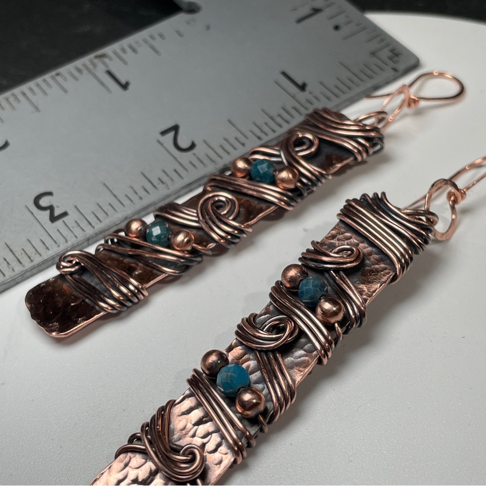 Long Copper and Teal Apatite Crystal Swirling Wire Wrapped Dangle Boho Earrings - Picture 8 of 11